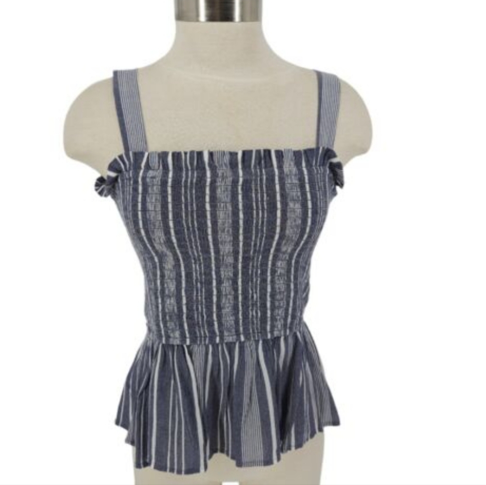 LOFT blue white stripe smocked ruffle tank top M - Picture 8 of 8